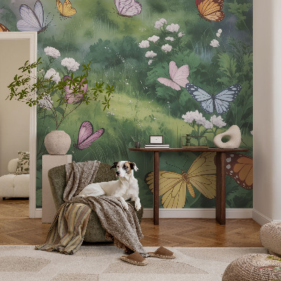 Baby room wall mural with a butterflies-in-the-meadow design
