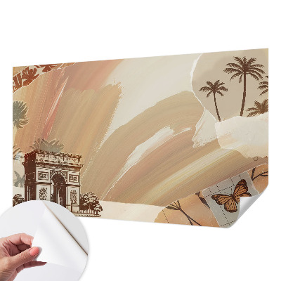 Peel and stick wallpaper mural with an exotic travel motif