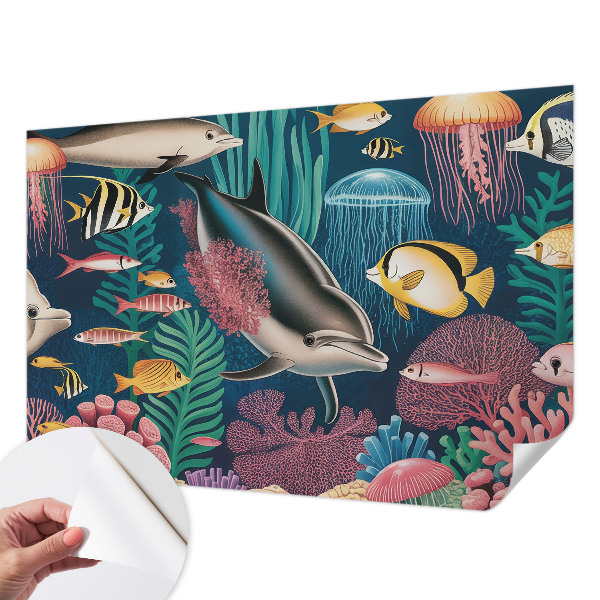 Stick-on wall mural with an underwater fauna design