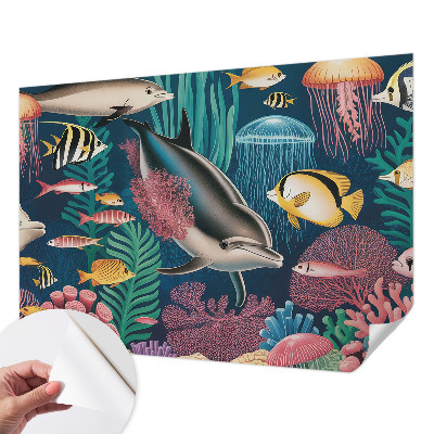 Stick-on wall mural with an underwater fauna design