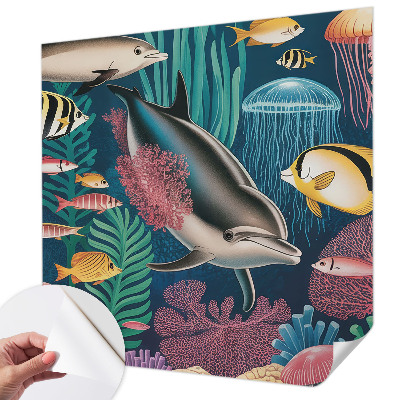 Stick-on wall mural with an underwater fauna design