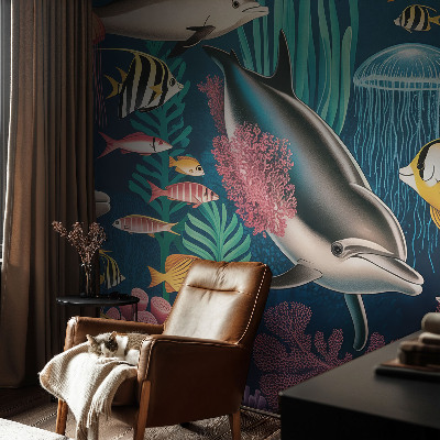 Stick-on wall mural with an underwater fauna design
