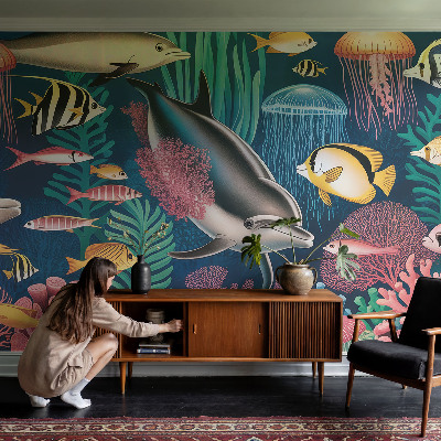 Stick-on wall mural with an underwater fauna design