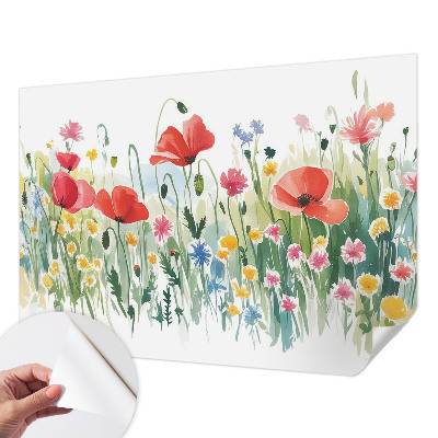 Peel and stick wall mural for living room with a summer meadow design