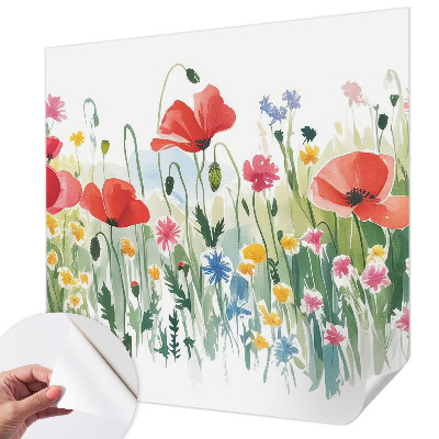 Peel and stick wall mural for living room with a summer meadow design