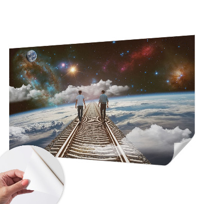 Peel and stick wall mural for kids' room with a space journey design