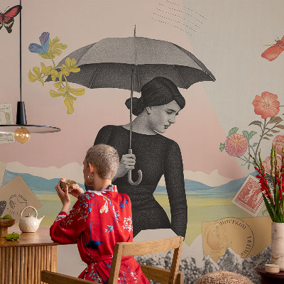 3D wall mural with a romantic collage design
