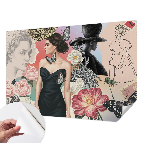 Nursery wall mural with floral motifs and child-friendly portraits