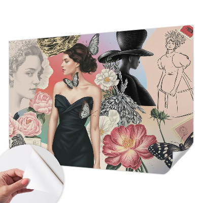 Nursery wall mural with floral motifs and child-friendly portraits