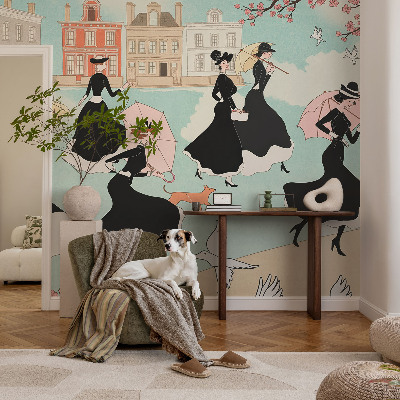 3D photo wallpaper mural featuring women walking