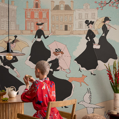 3D photo wallpaper mural featuring women walking