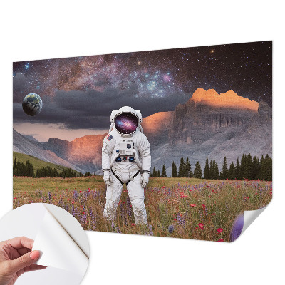 Peel and stick wallpaper mural with a cosmic landscape design
