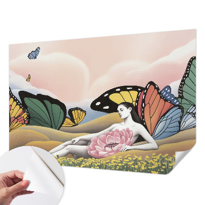 Peel and stick wallpaper mural with a butterfly meadow design