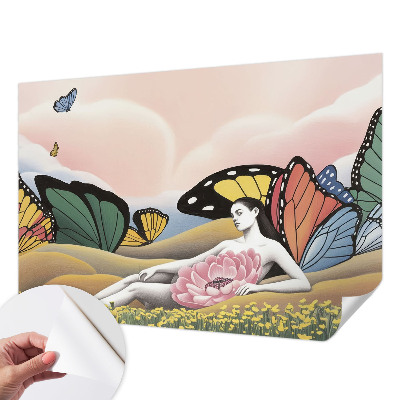 Peel and stick wallpaper mural with a butterfly meadow design