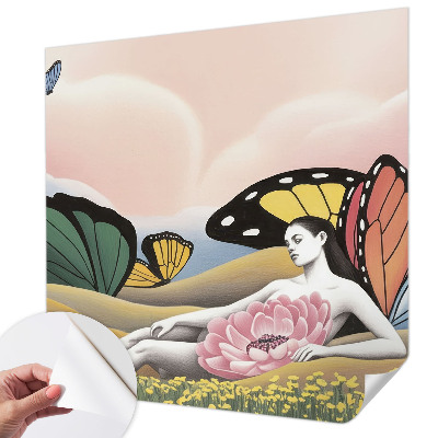 Peel and stick wallpaper mural with a butterfly meadow design