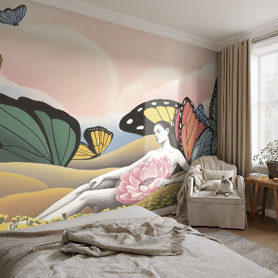 Peel and stick wallpaper mural with a butterfly meadow design