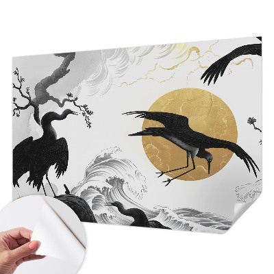 Removable wall mural wallpaper with a pattern of black cranes