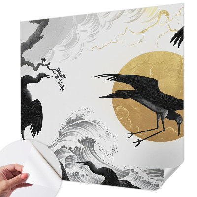 Removable wall mural wallpaper with a pattern of black cranes