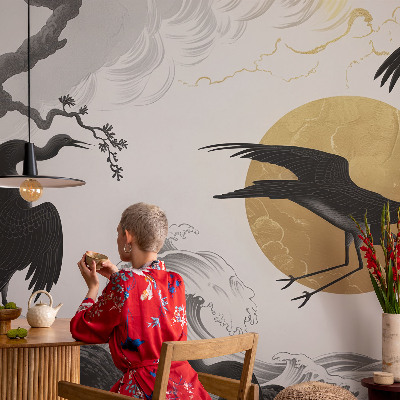Removable wall mural wallpaper with a pattern of black cranes