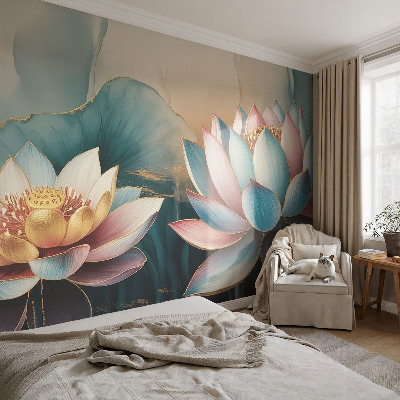 Peel and stick wall mural for living room featuring the Lotuses of Harmony design
