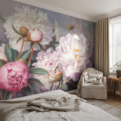 Peel and stick wall mural for bedroom with a peony bouquet design