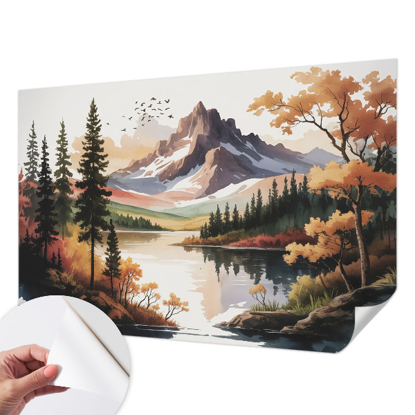 Self-adhesive wall mural with an autumn mountain motif