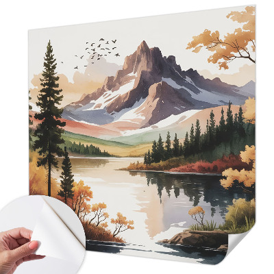 Self-adhesive wall mural with an autumn mountain motif