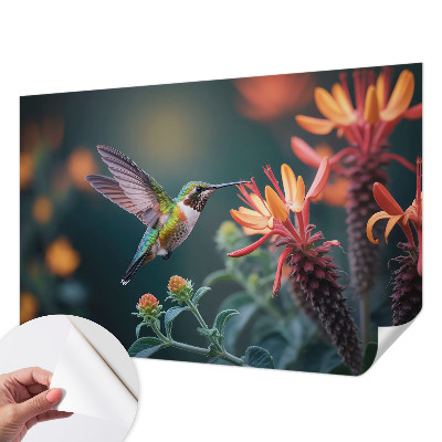 Peel and stick wall mural with a hummingbird and floral motif