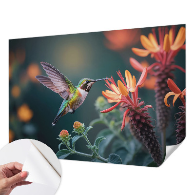 Peel and stick wall mural with a hummingbird and floral motif