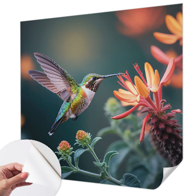 Peel and stick wall mural with a hummingbird and floral motif