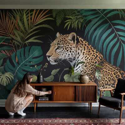 Self-adhesive wall mural with an exotic leopard design