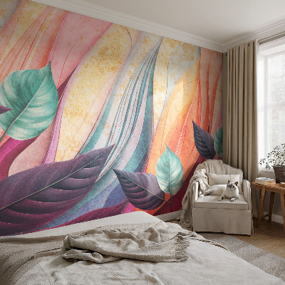 Peel and stick wallpaper mural with an abstract leaves design