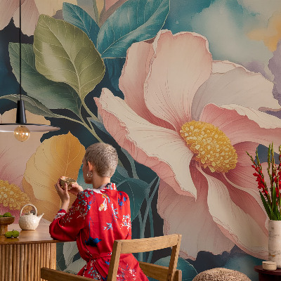Removable wall mural wallpaper with a floral design