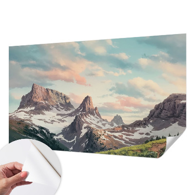 Removable wall mural with a mountain panorama design