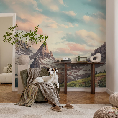 Removable wall mural with a mountain panorama design