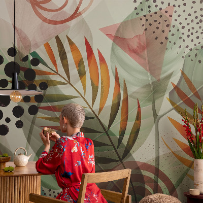 Peel and stick wall mural for living room with an abstract leaves design
