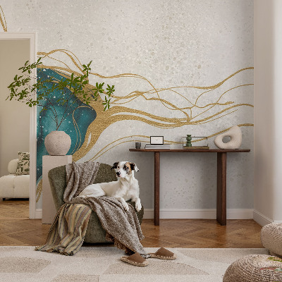 Peel and stick wall mural for bedroom with turquoise linear pattern