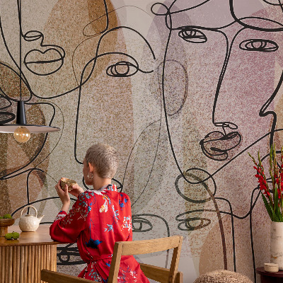 Self-adhesive wall mural with a linear faces design
