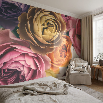 Removable wall mural wallpaper with a colorful rose pattern