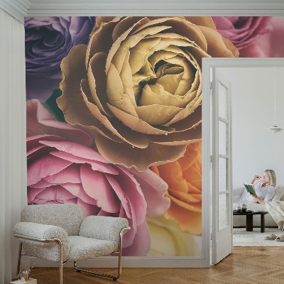 Removable wall mural wallpaper with a colorful rose pattern