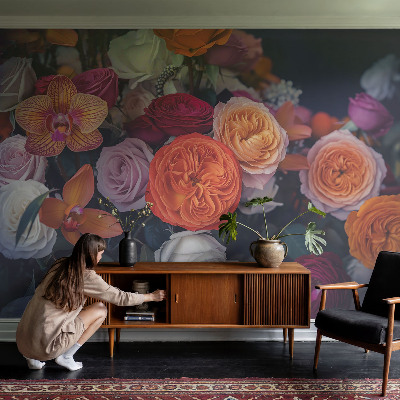 Peel and stick wallpaper mural with a colorful bouquet design