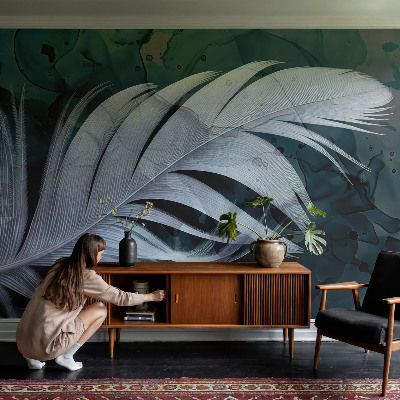 Peel and stick wall mural for bedroom with an ethereal feather design