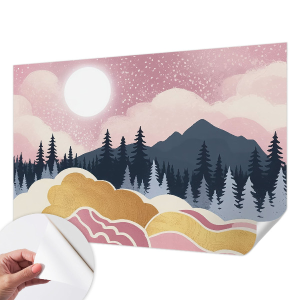 Peel and stick wall mural for living room with a pink sunset design