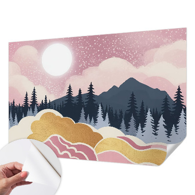 Peel and stick wall mural for living room with a pink sunset design