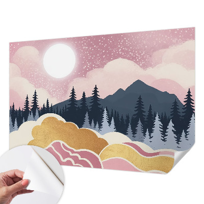 Peel and stick wall mural for living room with a pink sunset design
