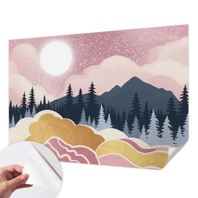 Peel and stick wall mural for living room with a pink sunset design