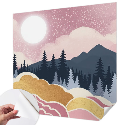 Peel and stick wall mural for living room with a pink sunset design