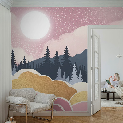 Peel and stick wall mural for living room with a pink sunset design