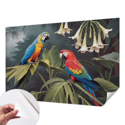 Peel and stick wall mural with a colorful parrots design for the bedroom