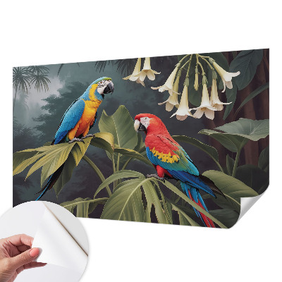 Peel and stick wall mural with a colorful parrots design for the bedroom